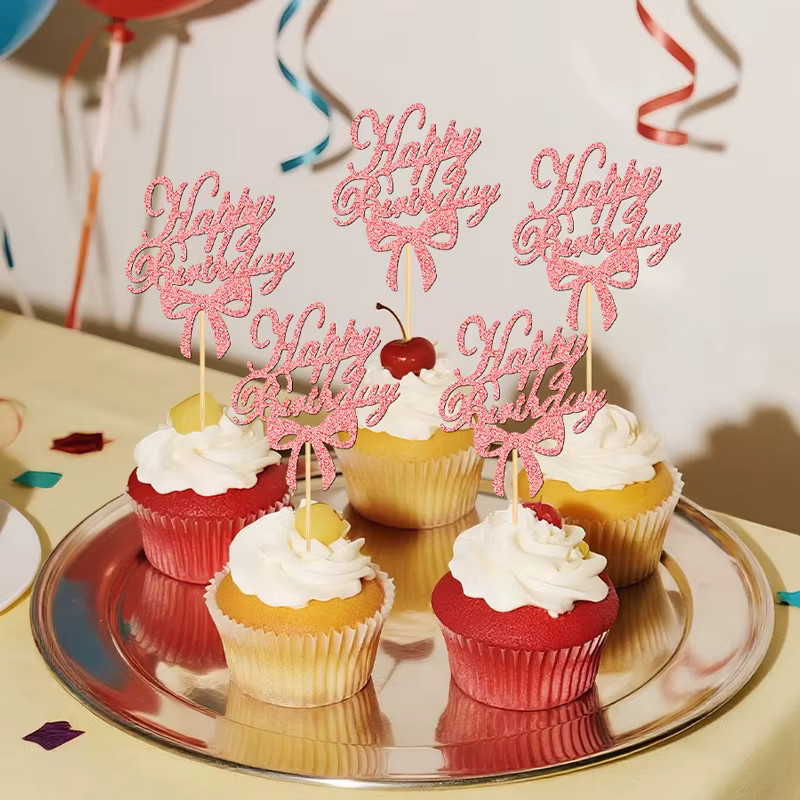YOMDID 24 Stück Cupcake-Topper mit Schleife und Happy Birthday Schriftzug in Pink für Geburtstag und Hochzeit - Bild 5