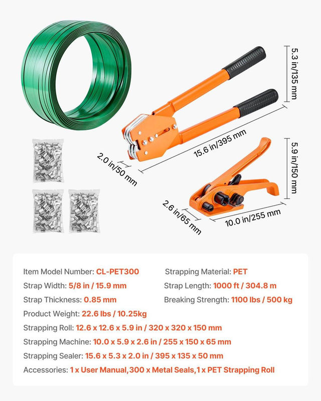 Buying Solutions MB Umreifungsband-Set mit PET-Band und Verschweißwerkzeug in Orange, 305 m PET-Band und 300 Metallverschlüsse für professionelle Palettenverpackung - Bild 2