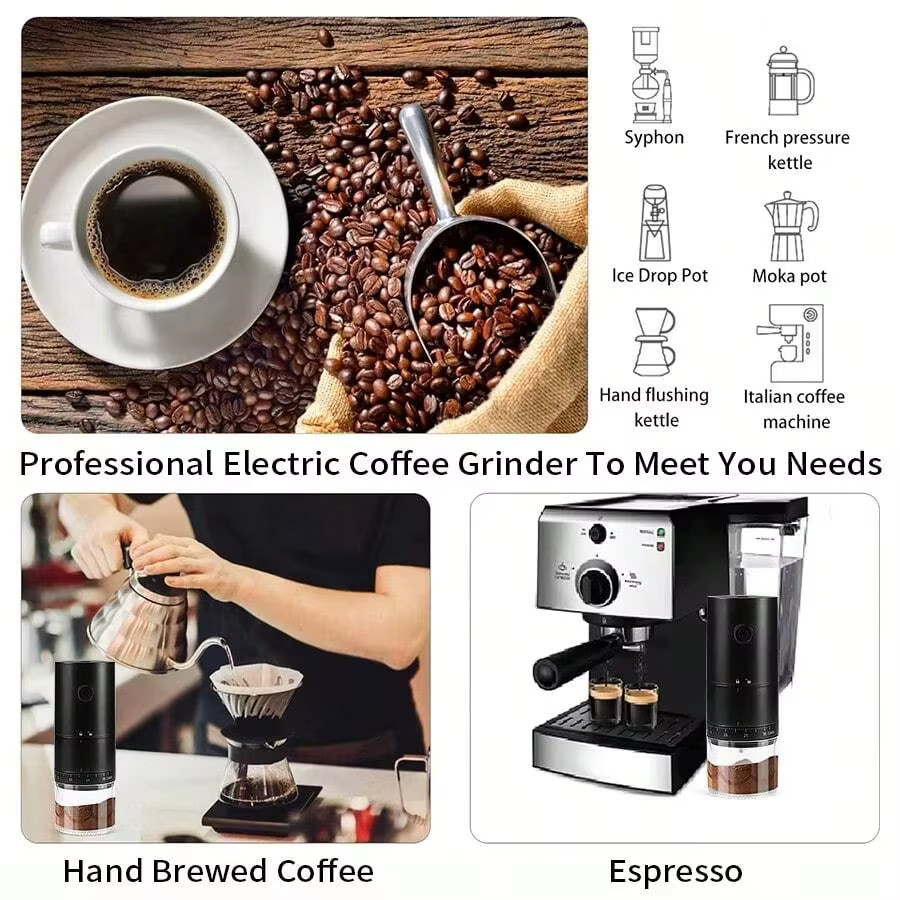 Elektrische Kaffeemühle von CREAROMA in Schwarz mit 1500mAh Akku, USB-aufladbar und externer Einstellung für das Büro - Bild 5