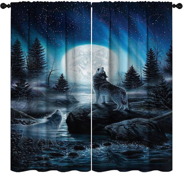 A Family Of Home Textiles 3D Wolf Vorhang mit Mond Schattierung, 2er Set transparente Stoffvorhänge mit Ösen, Blau, B: 70 cm, H: 160 cm - Bild 1