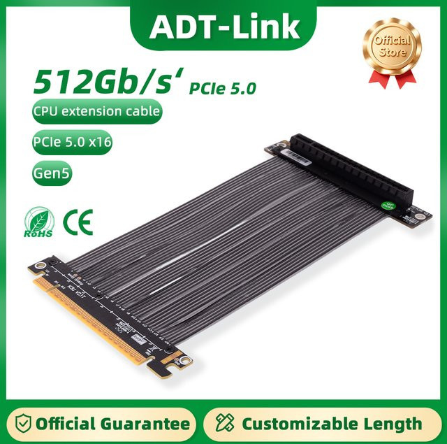 ADT-Link PCIe 5.0 x16 Riser-Kabel Schwarz für Hochgeschwindigkeits-GPU-Verlängerung in PC-Gehäusen, Servern und ITX-Systemen - Bild 1