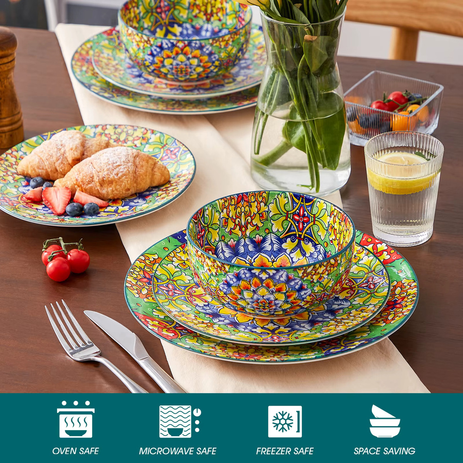 vancasso 12/24-teiliges Keramik-Geschirrset aus Porzellan im Bohemian-Stil mit floralem Design, grün und mehrfarbig - Bild 4