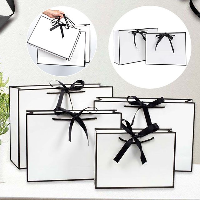 5 Stück tragbare Papiertaschen aus weißem Karton mit schwarzem Rand als Geschenkverpackung und Einkaufstasche - Bild 1