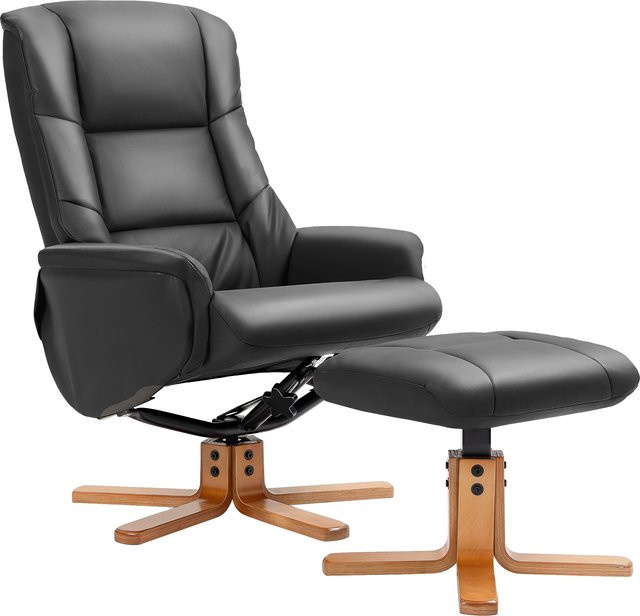 HOMCOM Relaxsessel mit Hocker in Schwarz, 360 Grad drehbar und 130 Grad neigbar mit Liegefunktion, Kunstleder und Holzrahmen, B/T/H: 76 x 85 x 104 cm - Bild 1