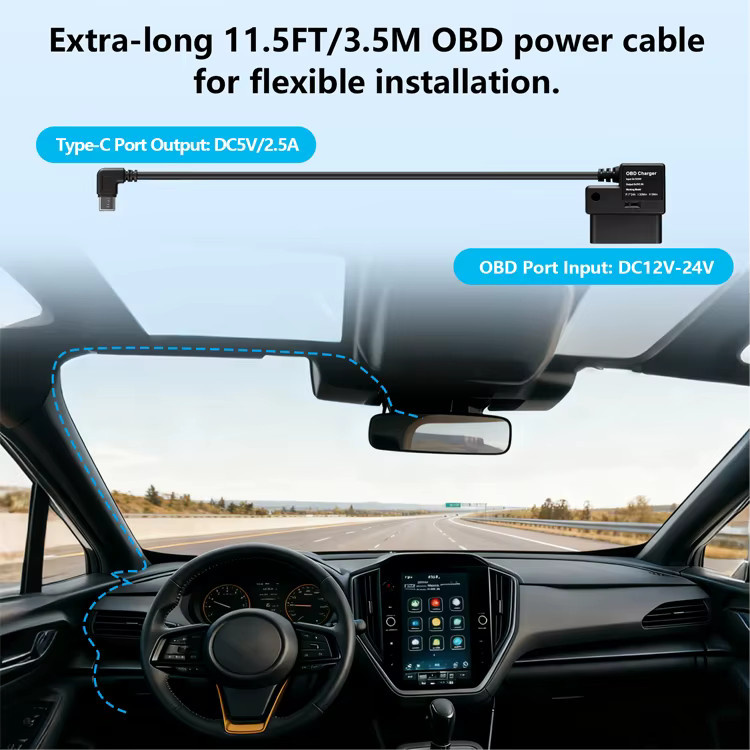 WDSZKMYF Hardwire Kit OBD für Dashcam mit Typ-C-Anschluss, Parkmodus Unterstützung, 12 V-24 V auf 5 V Stromkabel mit Niederspannungsschutz, Schwarz - Bild 2