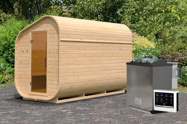 Asymmetrische Fasssauna mit 9,0 kW BioKombiofen und Steuergerät, Maße: B: 199 cm, L: 355 cm, Wandstärke: 38 mm - Bild 1