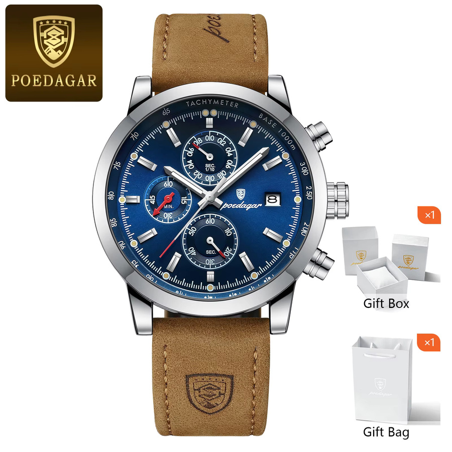 POEDAGAR Armbanduhr Chronograph, Quarz, Leder, Blau, Herren - Bild 7