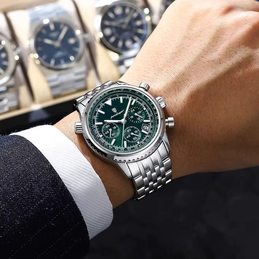 POEDAGAR Chronograph Herrenuhr, Quarz, Edelstahl, Silber, Grün, Datum - Bild 6