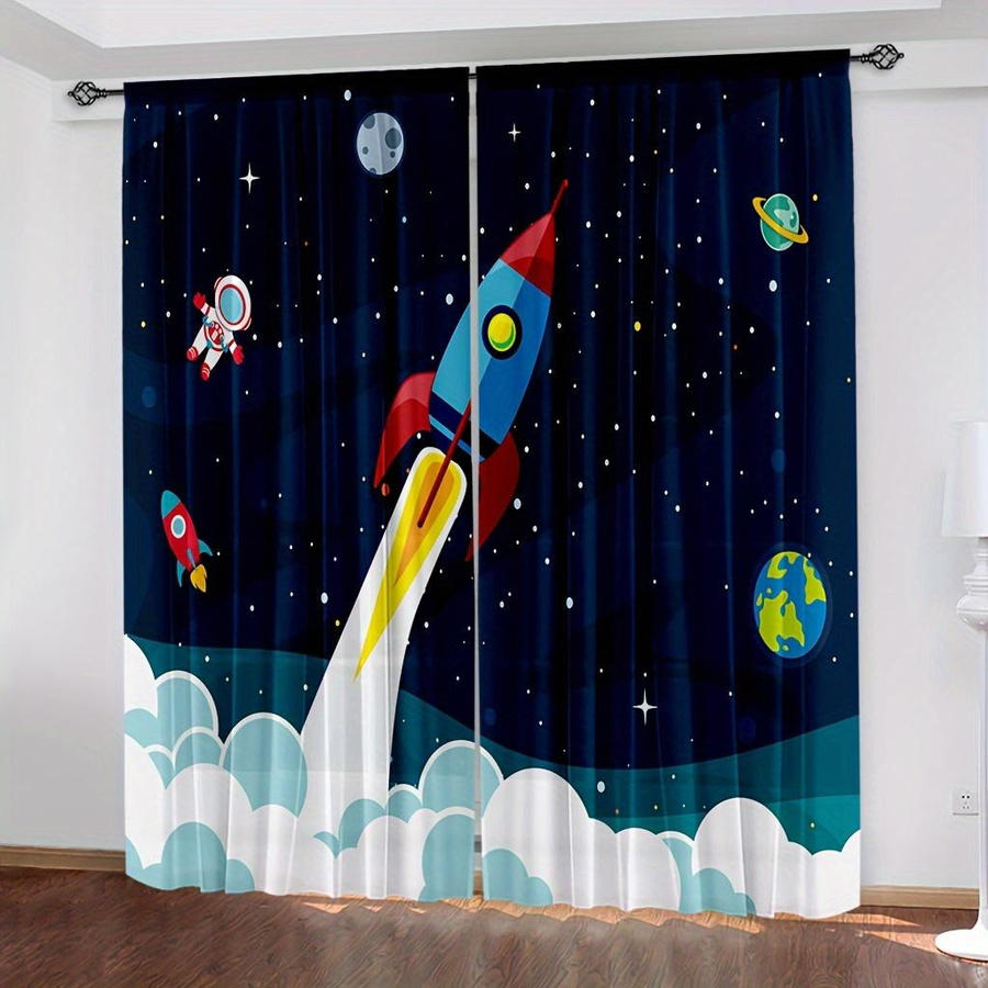 2er-Set Cartoon Raketenvorhänge für Kinder mit Galaxie-Astronauten-Motiv, Blau, Breite: 210 cm, Höhe: 230 cm - Bild 2