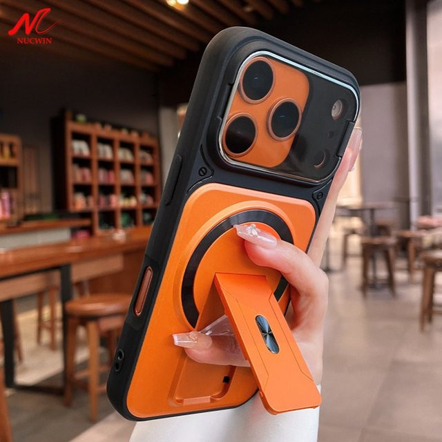 NUCWIN MagSafe Handyhülle mit magnetischem Ständer und Kameraschutz für iPhone 16 15 14 13 12 11 Pro Max Plus, Schwarz oder Orange - Bild 1