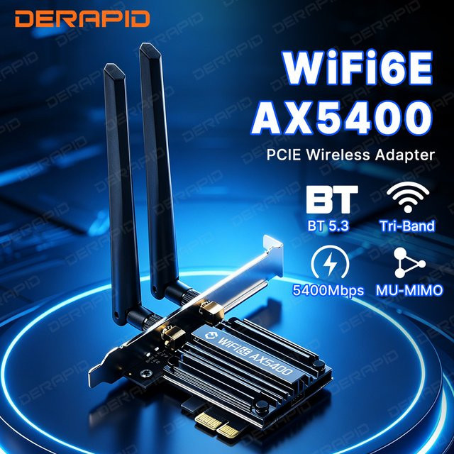 DERAPID WiFi 6E AX5400 PCIe-Netzwerkkarte mit Bluetooth 5.3, Tri-Band 2,4G/5G/6GHz, Schwarz - Bild 1