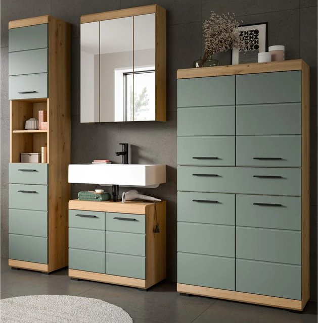 Inn.Furn Badmöbel Set Shawn 4-teilig in Grün und Eiche mit LED-Beleuchtung, Breite: 201 cm - Bild 1