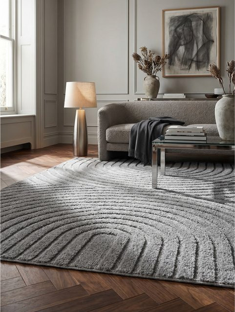 KADIMA DESIGN Hochflorteppich Organische Bögen mit 3D-Effekt in Silber und Grau, B/T: 80 x 150 cm, Waschbar - Bild 1