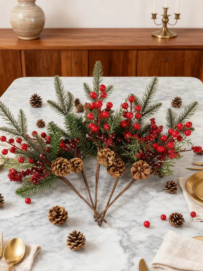 XIAOYINMO Künstliche Pflanzen mit roten Früchten als Dekorationszweige für Weihnachten, Neujahr, Hochzeiten oder den Garten in Rot - Bild 7