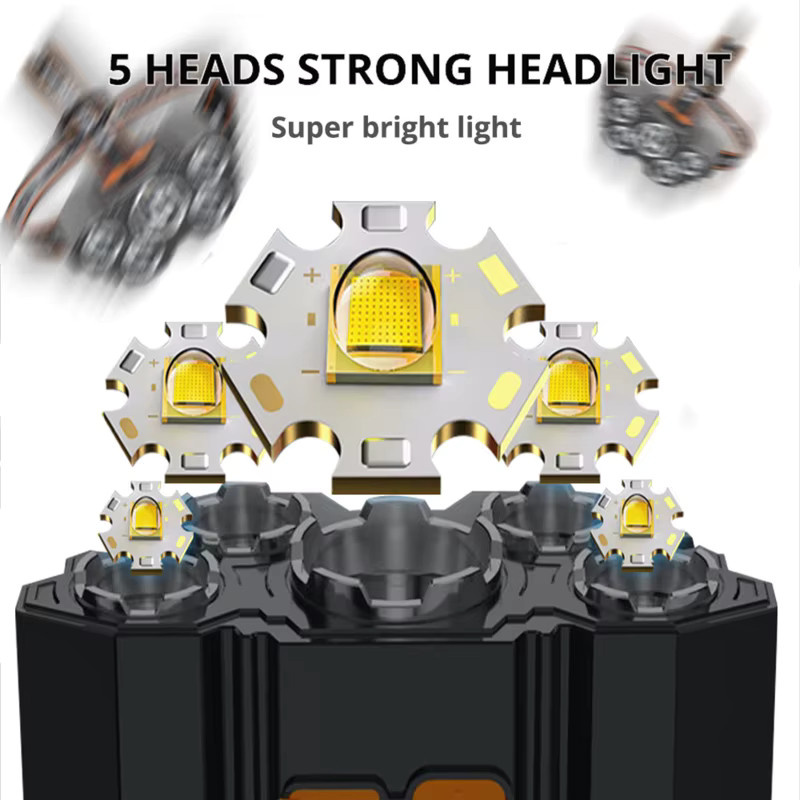 Wiederaufladbarer 5 LED Scheinwerfer in Schwarz für Camping, Angeln und Abenteuer - Bild 2