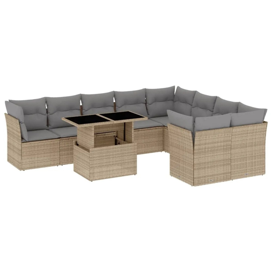 vidaXL 10-tlg. Garten-Sofagarnitur in L-Form aus Poly-Rattan mit Kissen, Beige - Bild 2