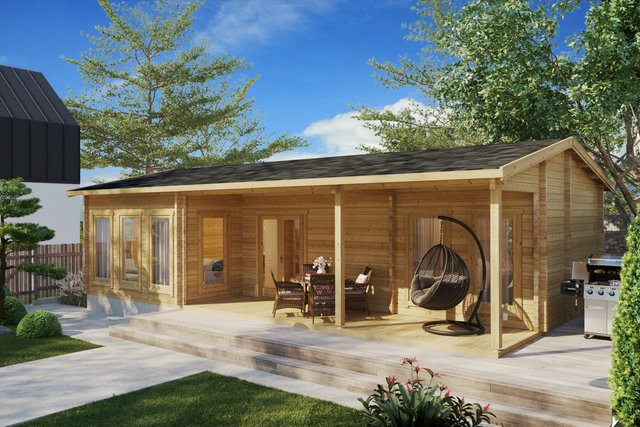Blockhaus Hansa Holiday C mit Terrasse als großes Gartenhaus aus Holz, 11 x 6 m - Bild 1