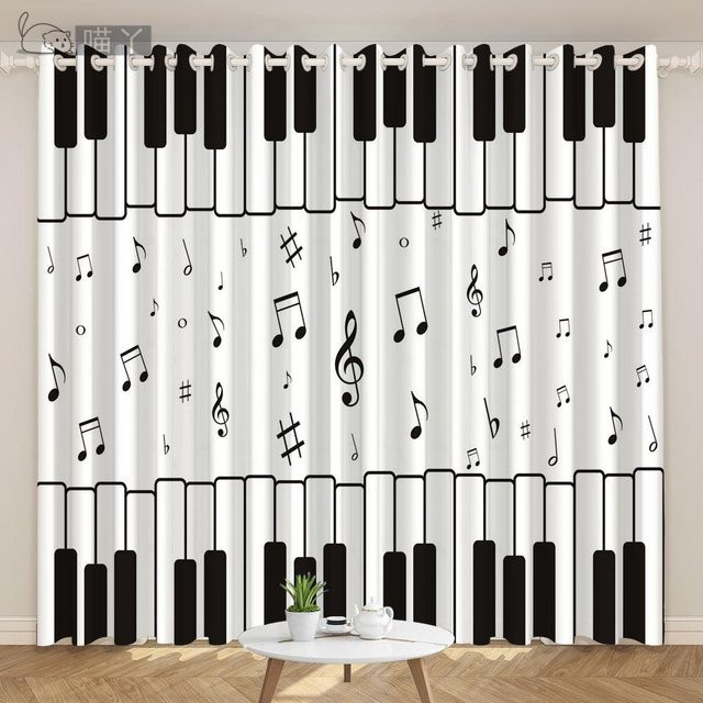 2er-Set Yiran Furniture Vorhänge mit Klaviertasten und Musiknoten Design, Schwarz-Weiß, Halbdunkel, Breite: 100 cm, Höhe: 130 cm - Bild 1