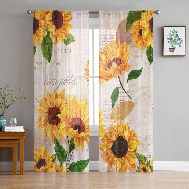 Yiran Furniture Transparenter Chiffon-Vorhang mit Blumenmuster in Gelb, Breite: 135 cm, Höhe: 115 cm - Bild 1