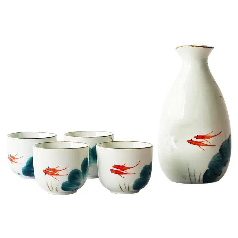 JUSTINLAU Keramik-Sake-Set mit Goldfisch-Design, 1 Topf und 4 Tassen, floraler Stil - Bild 4