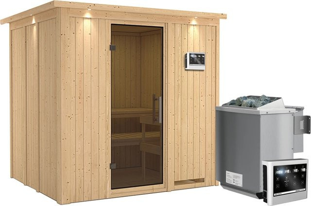 Karibu Sauna SODIN aus Fichte und Espe mit Bio-Kombiofen 9 kW, Dachkranz und Ganzglastür in Graphit, B/T/H: 210 x 196 x 170 cm - Bild 1