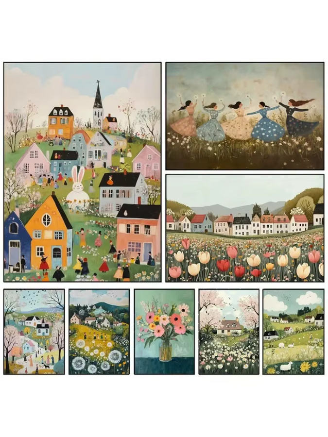 Potdemiel Leinwanddruck Vintage Frühlingsdorf mit Osterhase und ländlicher Landschaft in Mehrfarbig - Bild 3