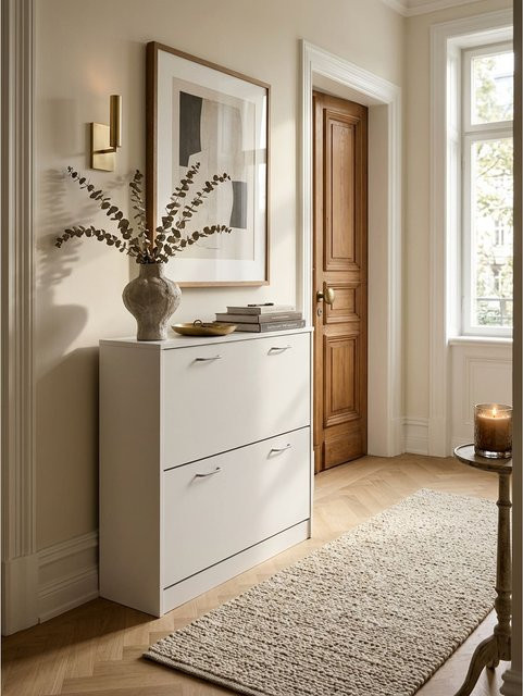 Schuhkipper aus Holz von KADIMA DESIGN mit 2 Klappen und Ablage, Weiß, B/T/H: 75 x 24 x 87 cm - Bild 1