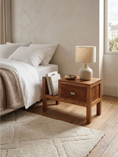 KADIMA DESIGN Nachttisch aus Massivholz in Braun im Landhausstil, Höhe: 40 cm - Bild 1