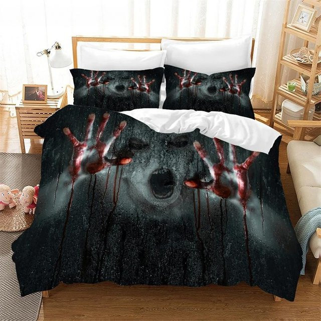 Binchi Fitness Halloween Bettwäscheset Horror Blood Hand in Rot und Schwarz, 2-teilig aus Polyester, Breite: 133 cm - Bild 1