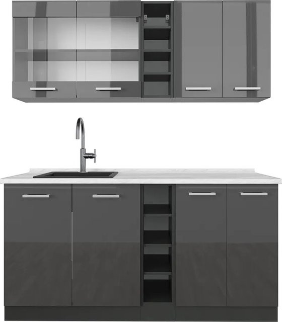 Vicco R-Line Singleküche Anthrazit Hochglanz mit Marmor-Optik, Breite: 160 cm - Bild 1