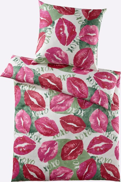 Bettwäsche aus Mako-Satin in Pink und Multicolour mit Kussmund-Motiv, 100% Baumwolle - Bild 1