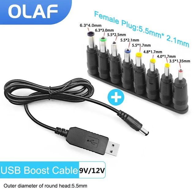 Olaf USB-zu-DC Spannungswandler-Kabel Schwarz mit USB-A und USB-C für WLAN-Router, Modem, Lüfter, Lautsprecher und Kamera zur Umwandlung von 5V auf 9V oder 12V - Bild 1