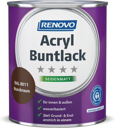 RENOVO Acryl-Buntlack für Holz, seidenmatt, nussbraun RAL 8011, 0,75 l - Bild 1