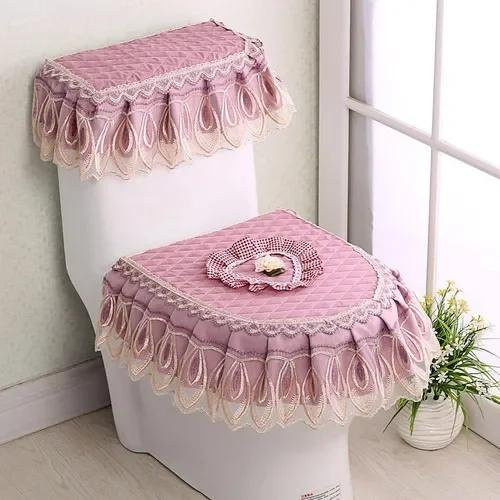 Super Six Dreiteiliges Toilettenmatte Set mit Spitzenstoffdekor und Toilettensitzbezug mit Reißverschluss aus Baumwolle - Bild 1