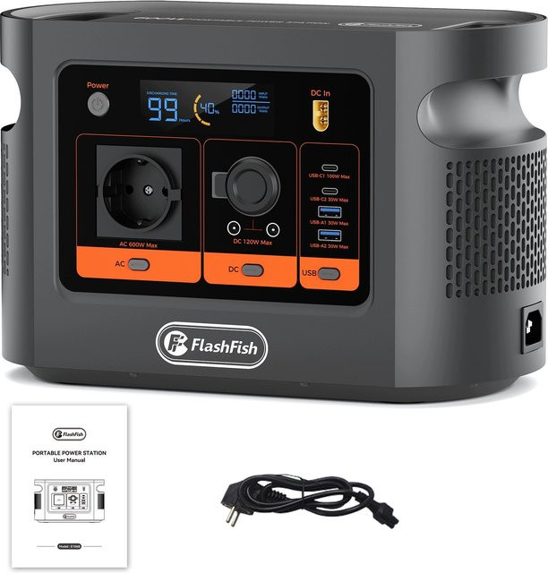 FlashFish Tragbare Powerstation 600W 384Wh 120000mAh LiFePO4 Solargenerator in Grau mit Reine Sinuswelle, 100W PD und QC3.0 USB-C Anschlüssen - Bild 1