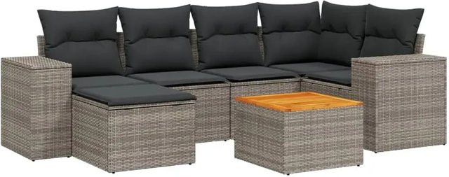 vidaXL 7-teilige Garten-Sofagarnitur in L-Form aus grauem Poly-Rattan mit Kissen und pulverbeschichtetem Stahlgestell - Bild 1