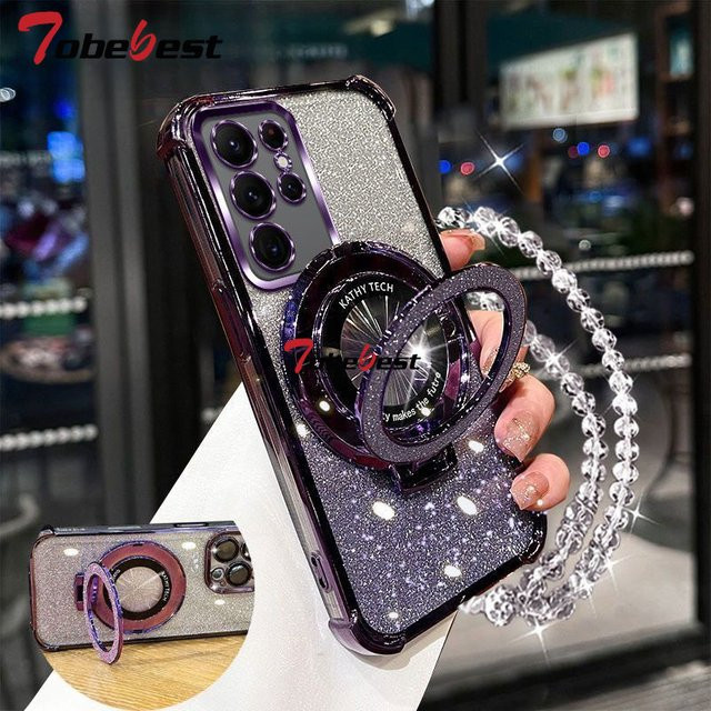 Stoßfeste Handyhülle mit Glitzer-Beschichtung und Kristall-Armband für Samsung Galaxy S25 S24 S23 S22 S21 S20 Ultra Plus FE in Blau und Silber - Bild 1