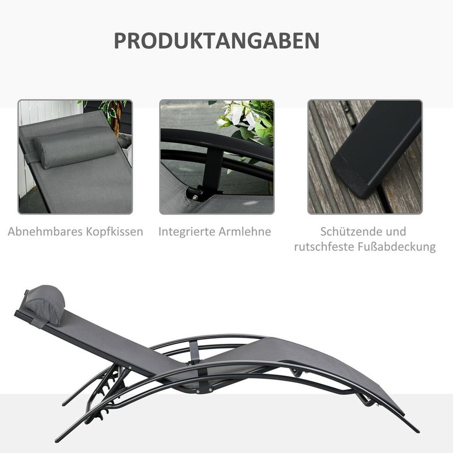 Outsunny Gartenliege aus Aluminium in Grau mit verstellbarer Kopfstütze und Armlehnen, B/H/L: 64 x 82 x 171 cm - Bild 2