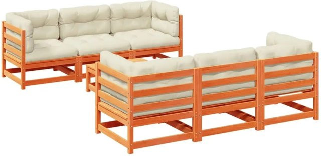 vidaXL 7-tlg. Garten-Sofagarnitur aus Kiefernholz in Wachsbraun mit Kissen und Ottoman in L-Form - Bild 1