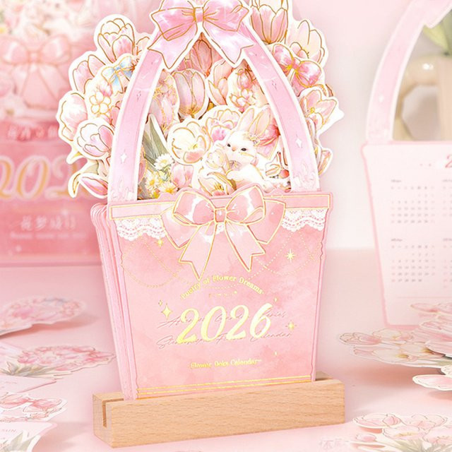 Blume Zeit Tischkalender 2026 Whispers Serie mit Holzständer in Pink - Bild 1