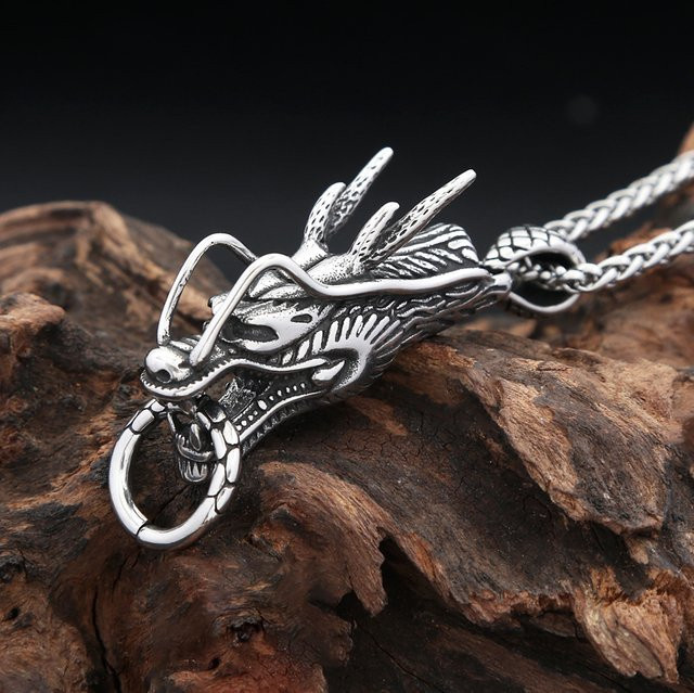 NORTHMAN Anhänger Halskette, Edelstahl, Silber, Drachen Kopf, Herren - Bild 1
