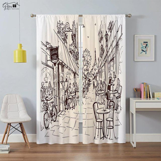 Yiran Furniture Vorhänge mit 3D-Stadtarchitektur und Flussblick, semi-transparent, Polyester, B: 50 cm, H: 130 cm, 2 Stück - Bild 1