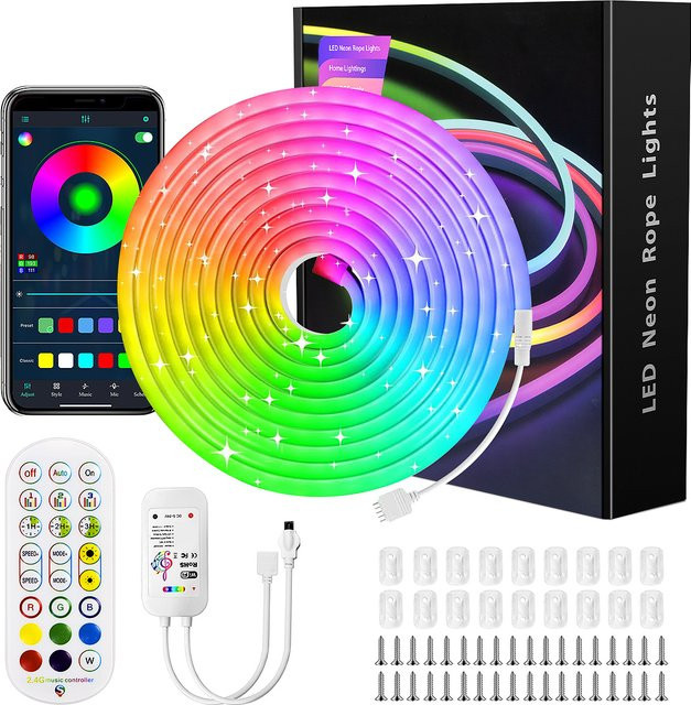 Flexible LED-Neon-Lichterkette RGB mit 108 LEDs/m, wasserdichte IP65 Neon-Flex Silikon-Streifenlampe für den Außenbereich mit App- und Fernbedienung Steuerung, Multicolor - Bild 1