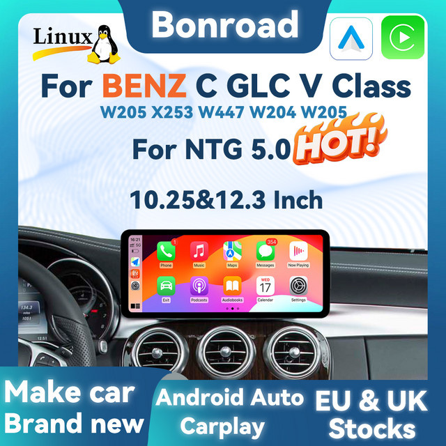 BONROAD Kabelloses CarPlay Linux-Display mit Android Auto, Airplay und GPS für Mercedes Benz W205 GLC A C V Klasse W447 in Schwarz - Bild 1