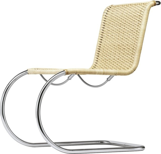 Thonet S 533 Stuhl mit Korbgeflecht und Kernleder in Beige mit Stahlrohr-Freischwingergestell - Bild 1