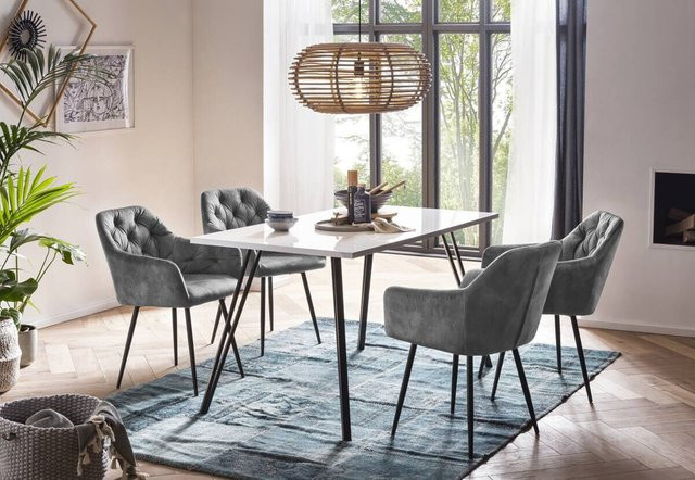 Essgruppe Hela in Weiß und Grau mit Tisch und 5 Stühlen, modern und glänzend, B/H/T: 140 x 76 x 80 cm - Bild 1