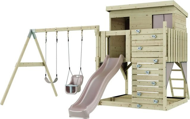 PolarPlay Spielturm Nils aus Holz mit Rutsche und Babyschaukel in Altrosa - Bild 1