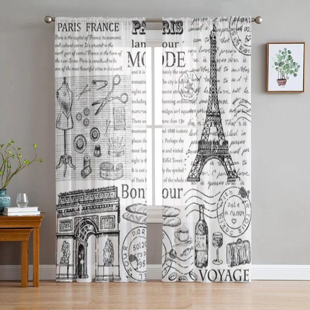 Transparenter Chiffon-Vorhang von A Family Of Home Textiles mit Paris-Motiv in Rot und Weiß, Breite: 135 cm, Höhe: 137 cm - Bild 1