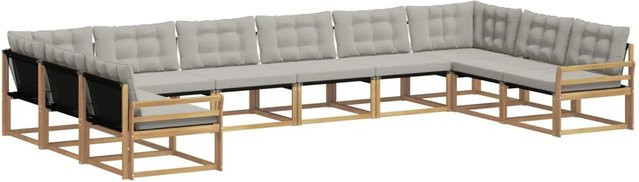 vidaXL Outdoor-Sofagarnitur in U-Form aus Akazienholz mit Textilene und Kissen, 10-teiliges Set, Weiß-Hellgrau - Bild 1
