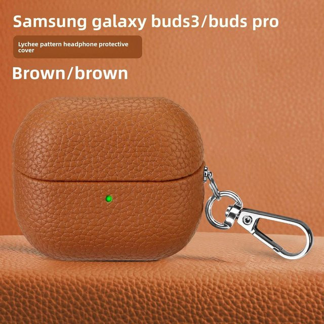 Samsung Buds3 Schutzhülle aus Kunstleder im Litschi-Muster, Braun - Bild 1